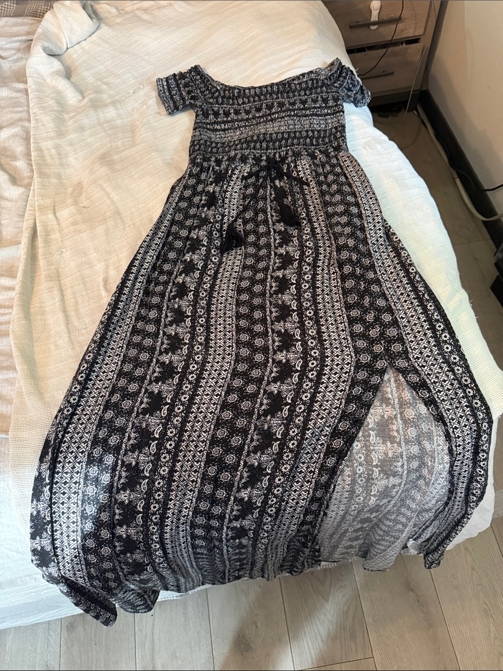 Black and White Textured Off-Shoulder Dress with pockets. Flowy yet flattering